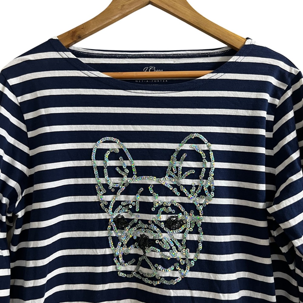 J.Crew Net-A-Porter Women Navy White Striped Sequin French Bulldog Tee M - Picture 2 of 8